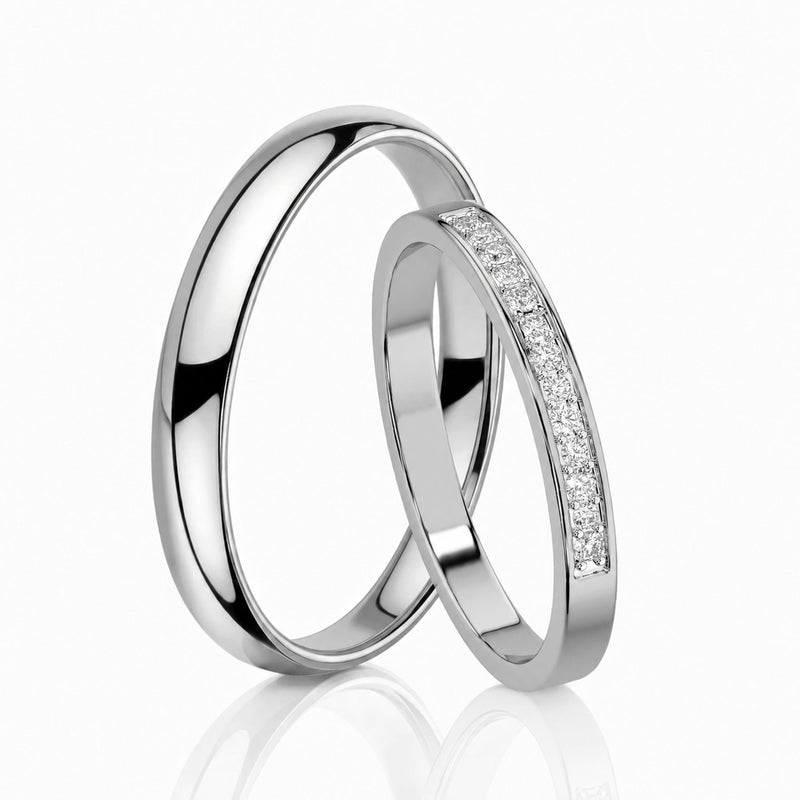 Zlaté obrúčky s diamantmi, pár - hladká 3 mm a diamantová obrúčka, biele zlato