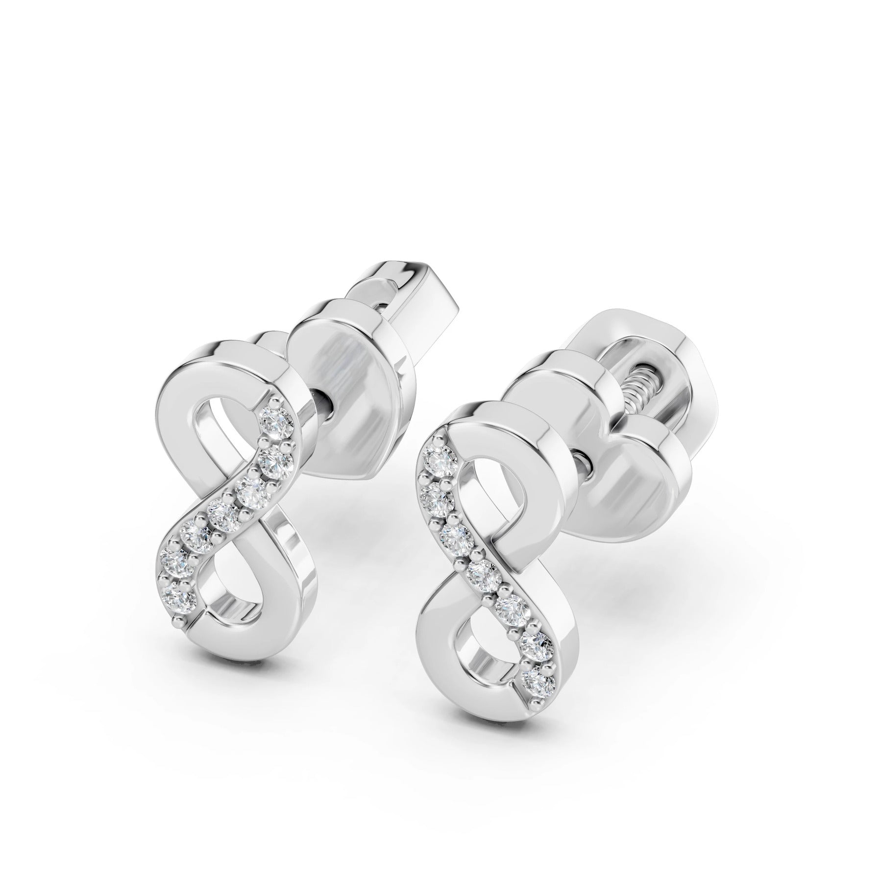 Náušnice Infinity s diamantmi, biele zlato — detail šróbovacieho zapínania