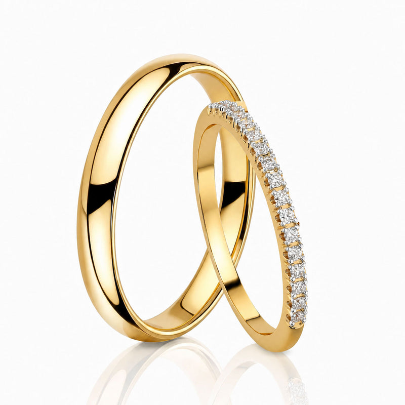 Zlaté obrúčky s diamantmi, pár - hladká 3 mm a diamantová obrúčka, žlté zlato